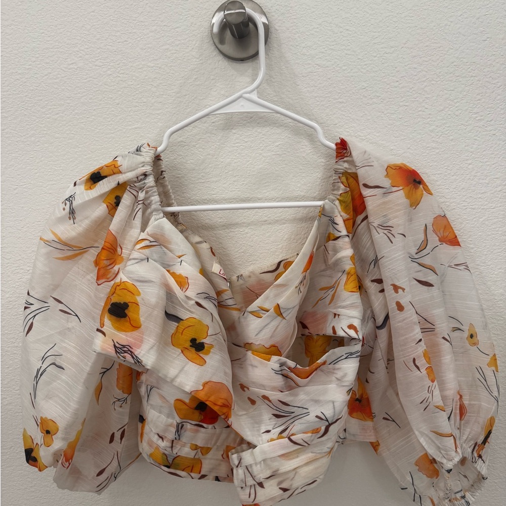 Floral Puff Sleeve Blouse - White and Orange